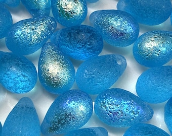 20 pcs Aquamarine AB Etched Drop beads, 6x9mm, 1 hole, side drill, Czech glass beads