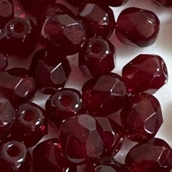 Garnet Round Faceted Fire Polished Czech Beads, 4mm, 50 beads
