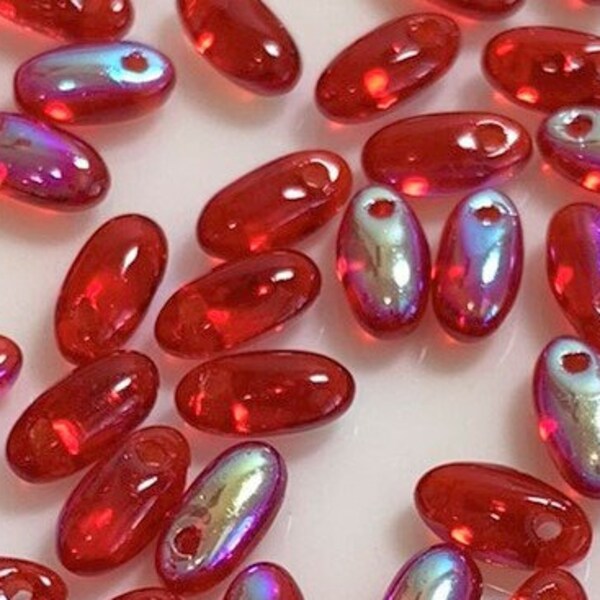 100 pcs Perles Rizo, Rouge AB, 2.5x6mm, Perles de rocaille 1 trou, Perles de verre pressé tchèque