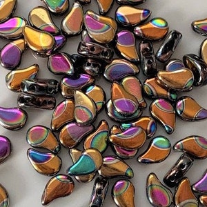 20 pcs Paisley Duo beads, Jet Orange Rainbow Big Dot, 2-Hole, 8x5mm, Czech Pressed Glass Beads