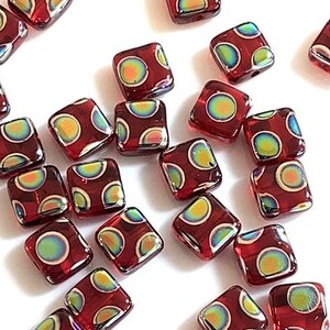Preciosa Peacock Tile beads 6mm - Ruby, 20 pcs, 1 hole, Flat Square, Czech Pressed Glass Beads