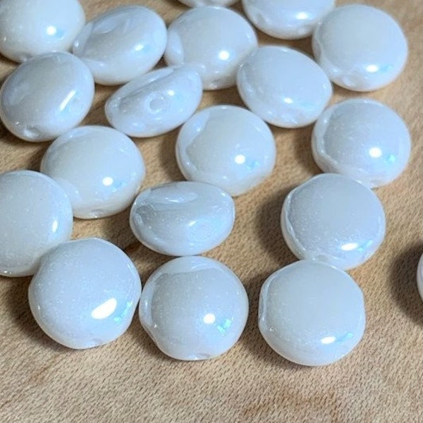 20 pcs Preciosa Candy 2-Hole Cabochon, 8mm, White Iris Sphinx, White Luster, Czech Pressed Glass Beads