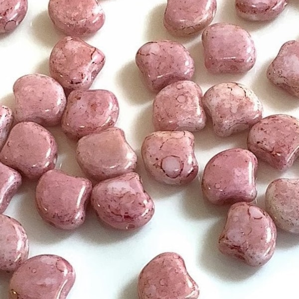 30 pcs Ginko Matubo Beads, Topaz Pink Luster Opaque White, Red Terracotta Luster, 2 Hole, 7.5mm, Czech Pressed Glass Beads