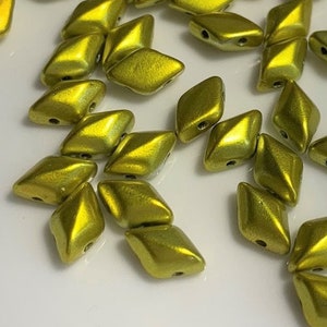 40 pcs Gemduo Beads, Metalust Yellow Gold, 5x8mm, 2 hole, diamond shaped Czech Pressed Glass Beads