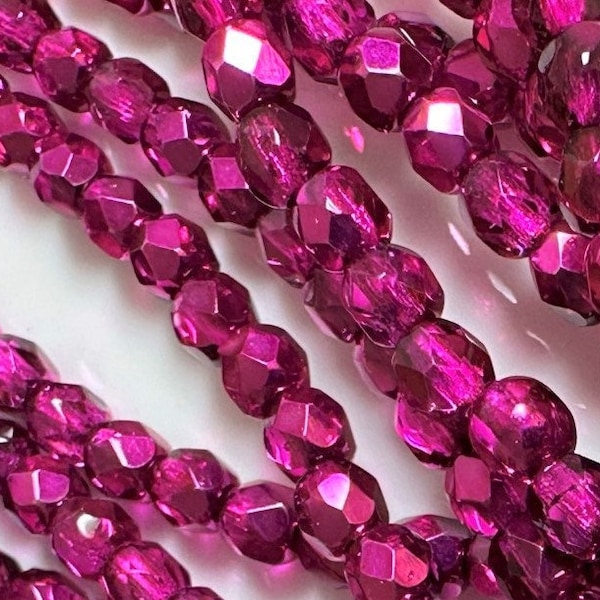 Crystal Hot Pink Metallic Ice Round Faceted Fire Polished Czech Beads, 4mm, 50 beads