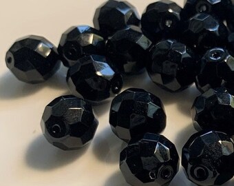6 pcs Jet, Round Faceted Fire Polished Czech Beads, 12mm, loose