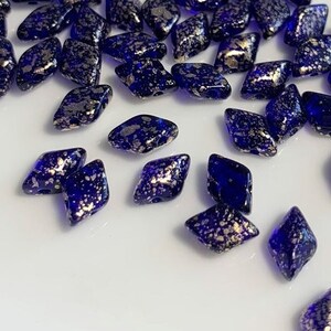 40 pcs Gemduo Beads, Gold Splash Cobalt, 5x8mm, 2 hole, diamond shaped Czech Pressed Glass Beads