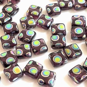 Preciosa Peacock Tile beads 6mm - Amethyst, 20 pcs, 1 hole, Flat Square, Czech Pressed Glass Beads