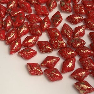 40 pcs Gemduo Beads, Gold Splash Red Opaque, 5x8mm, 2 hole, diamond shaped Czech Pressed Glass Beads