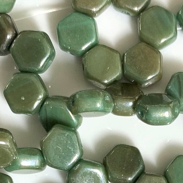 30 pcs Hexx Beads, Honeycomb Beads, Hodge Podge Seafoam Lumi, 2 hole, 6mm, hexagon shaped Czech Pressed Glass Beads