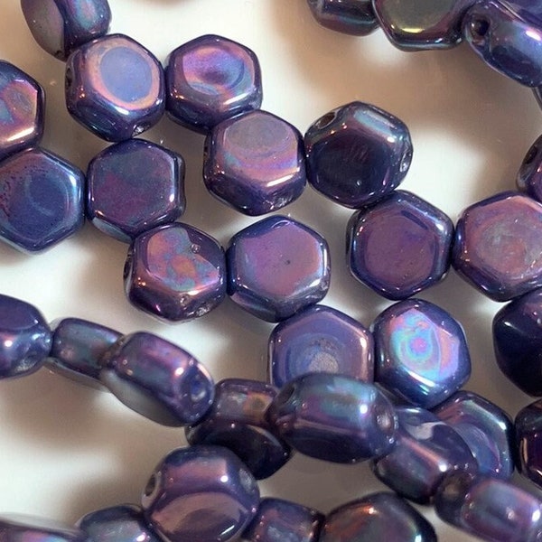 30 pcs Hexx Beads, Honeycomb Beads, Hodge Podge Blue Nebula, 2 hole, 6mm, hexagon shaped Czech Pressed Glass Beads