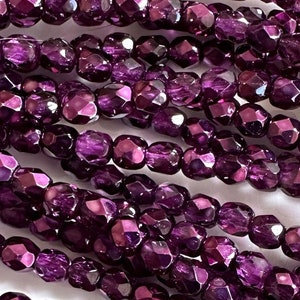Crystal Amethyst Metallic Ice Round Faceted Fire Polished Czech Beads, 4mm, 50 beads