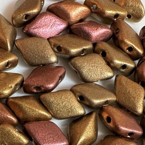 40 pcs Gemduo Beads, Dark Gold Rainbow, 5x8mm, 2 hole, diamond shaped Czech Pressed Glass Beads