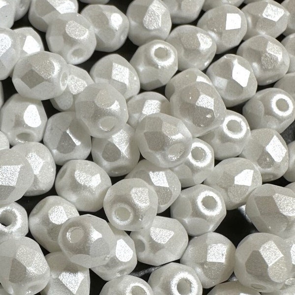 Pastel White Round Faceted Fire Polished Czech Beads, 4mm, 50 beads