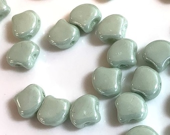 30 pcs Ginko Matubo Beads, Luster Chalk Light Green, 2 Hole, 7.5mm, Czech Pressed Glass Beads