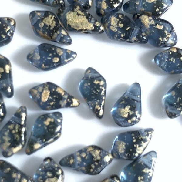 40 pcs Kite Beads, 2 hole, Gold Splash Montana, 9x5mm, Czech Pressed Glass Beads