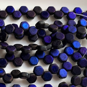 30 pcs Hexx Beads, Honeycomb Beads, Jet Etched Full Azuro, 2 hole, 6mm, hexagon shaped Czech Pressed Glass Beads