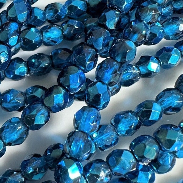 Crystal Aqua Metallic Ice Round Faceted Fire Polished Czech Beads, 4mm, 50 beads