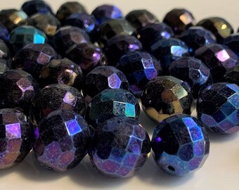 6 pcs Blue Iris, Round Faceted Fire Polished Czech Beads, 12mm, loose