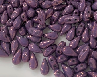 50 pcs DropDuo Beads, 2 hole, Chalk White Lila Vega Luster, 3x6mm, drop or pear shaped Czech Pressed Glass Beads