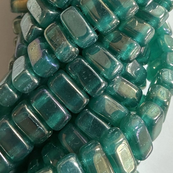 50 pcs Luster Iris Atlantis Green CzechMates Bricks beads, 6x3mm, Czech Pressed Glass Beads