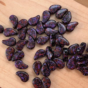 30 pcs Paisley Duo beads, Jet Berry Confetti, 2-Hole, 8x5mm, Czech Pressed Glass Beads