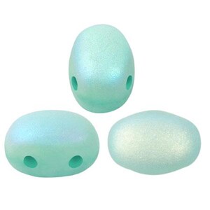 May include: Three iridescent, light blue beads with a pearlescent finish. Two beads are oval-shaped with two holes, and one is egg-shaped with two holes. The beads have a smooth, polished surface and a subtle shimmer.