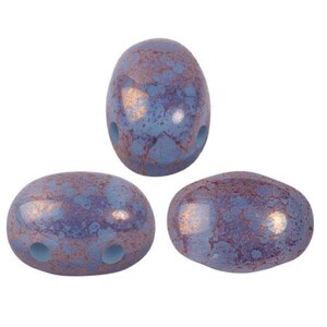 May include: Three blue and copper oval-shaped ceramic beads with a speckled pattern. The beads have two holes each.