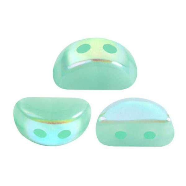 New! Kos par Puca® beads, Green Aqua Opal AB, 50 pcs, 2-Hole, 6x3mm, Czech Pressed Glass Beads