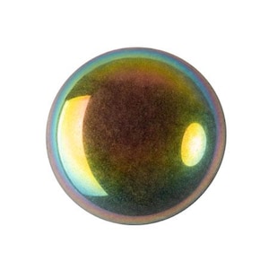 May include: A round, iridescent glass marble with a spectrum of colors. The marble has a dark brown center with yellow and blue highlights, and a reflective surface. The overall effect is a shimmering, colorful orb.