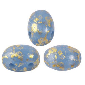 May include: Three light blue oval beads with gold flecks. The beads have two holes each.