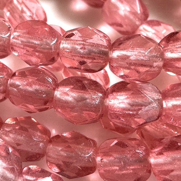 Opal Rose Round Faceted Fire Polished Czech Beads, 4mm, 50 beads, loose