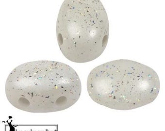 May include: Three off-white, oval-shaped beads with iridescent glitter. Two beads have two holes, and one has two holes. The beads are smooth and glossy. The beads are likely for jewelry making.