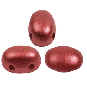 May include: Three red metallic oval beads with two holes each. The beads have a textured surface.