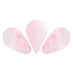 May include: Three pink glass teardrop beads with two holes each. The beads are translucent and have a slightly iridescent finish.