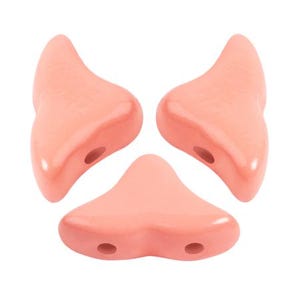 May include: Three coral-colored ceramic beads in a triangular shape with two holes each. The beads are designed to be used in jewelry making.