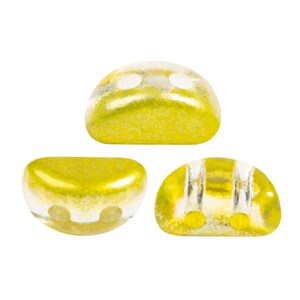May include: Three yellow glass beads with a clear, iridescent finish. The beads are shaped like half-circles and have a hole in the center.