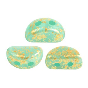 May include: Three green glass beads with gold flecks. The beads are shaped like half-circles and have two holes.