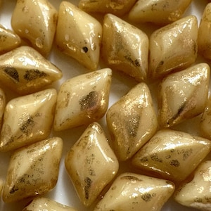 40 pcs Gemduo Beads Gold Splash Ivory, 5x8mm, 2 hole, diamond shaped Czech Pressed Glass Beads