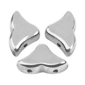 May include: Three silver-colored, wing-shaped beads. Each bead has a smooth, reflective surface with a curved design and two small holes for stringing. The beads are arranged in a triangular pattern.