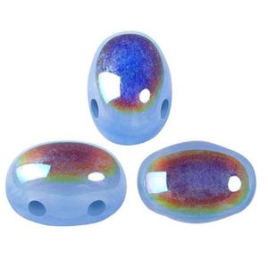 May include: Three iridescent blue oval glass beads with two holes each. The beads have a light blue color with a rainbow iridescent sheen.