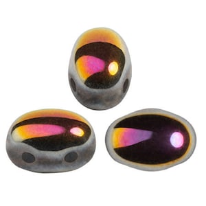 May include: Three iridescent glass beads with a black base and a rainbow sheen. The beads are oval shaped and have a slightly textured surface.
