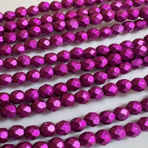 Metalust Hot Pink Czech Shield 4mm, Round Faceted Fire Polished Czech Beads, loose