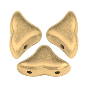 May include: Three gold-colored, petal-shaped beads with a matte finish are arranged on a white background. Each bead has one or two small holes for stringing. The beads have a smooth, rounded shape.