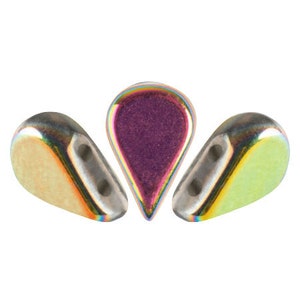 May include: Three iridescent glass teardrop beads with a metallic finish. The beads are in shades of purple, yellow, and gold.