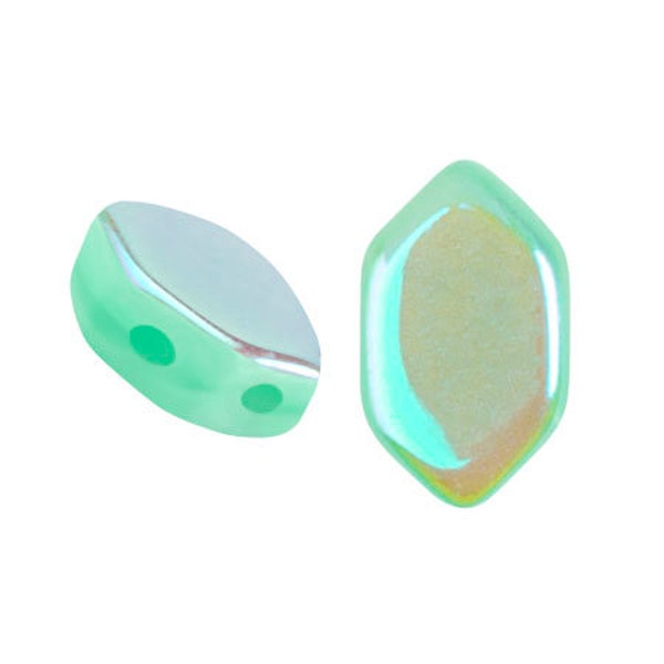 NEW COLLECTION! Paros par Puca® beads, Green Aqua Opal AB, 30 pcs, 2-Hole, 7x4mm, Czech Pressed Glass Beads