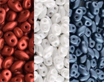 Superduo Beads - Patriotic Set, 3 pastel color kit 8g each, Red, White, Blue, 2.5x5mm, Czech Pressed Glass Beads, 4th of July
