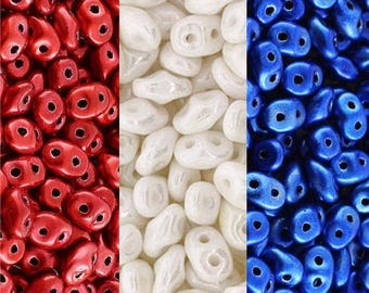 Superduo Beads - Patriotic Set, 3 bright color kit 5g each, Red, White, Blue, 2.5x5mm, Czech Pressed Glass Beads, 4th of July
