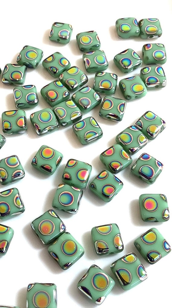 Preciosa Peacock Tile beads 6mm - Green, 20 pcs, 1 hole, Flat Square, Czech Pressed Glass Beads