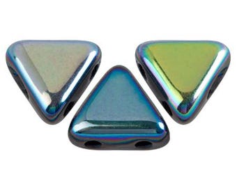 May include: Three iridescent triangle beads with a metallic finish. The beads have a dark border and two holes for stringing. The colors shift from blue to green and gold depending on the light.